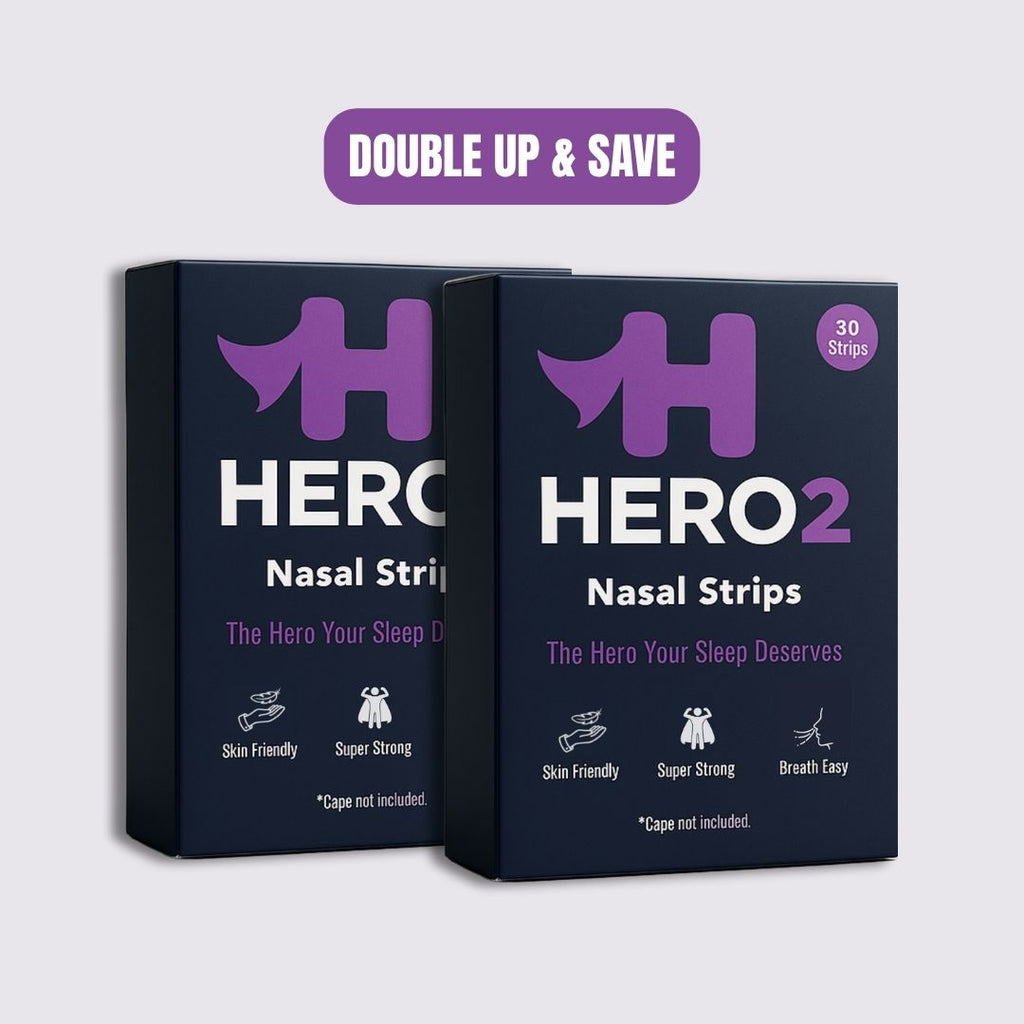 Two boxes of HERO2 Nasal Strips with purple and white design on a light gray background.