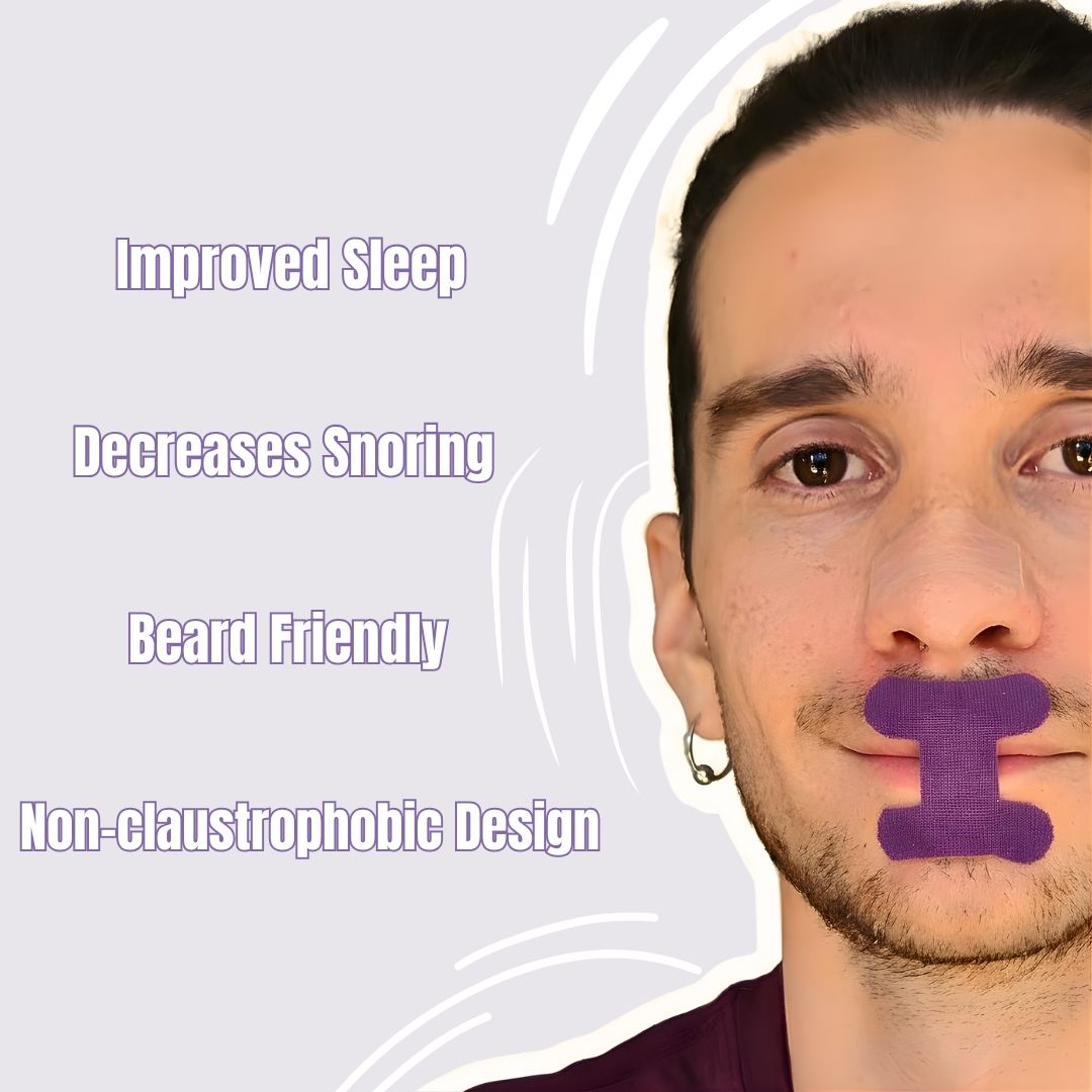 Man wearing a Hero2 mouth tape, with text about its benefits on a light gray background, Improve sleep and air flow.