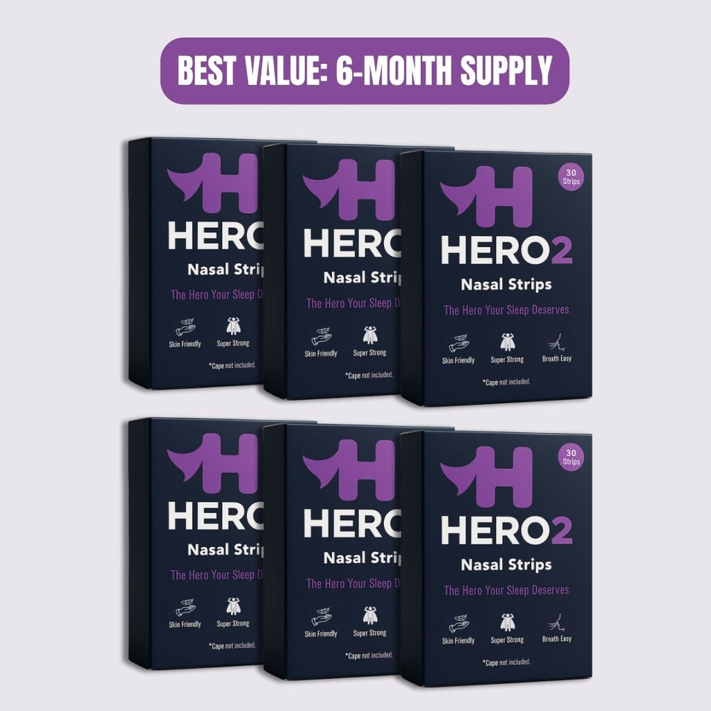 Six boxes of HERO and HERO2 nasal strips with a purple banner indicating 'Best Value: 6-Month Supply' on a light gray background.