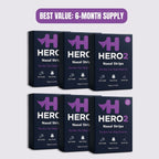 Six boxes of HERO and HERO2 nasal strips with a purple banner indicating 'Best Value: 6-Month Supply' on a light gray background.