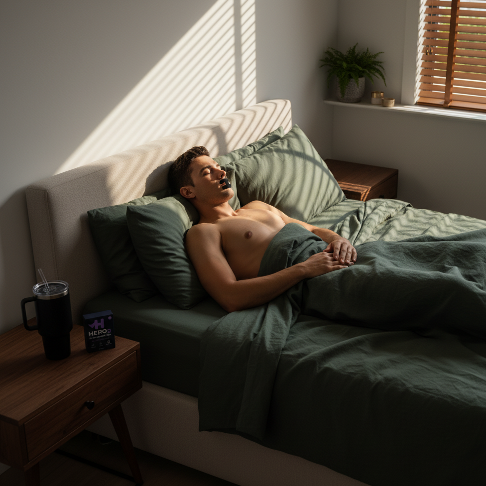 Man using Hero2 mouth tape lying on a bed with green sheets in a softly lit bedroom 