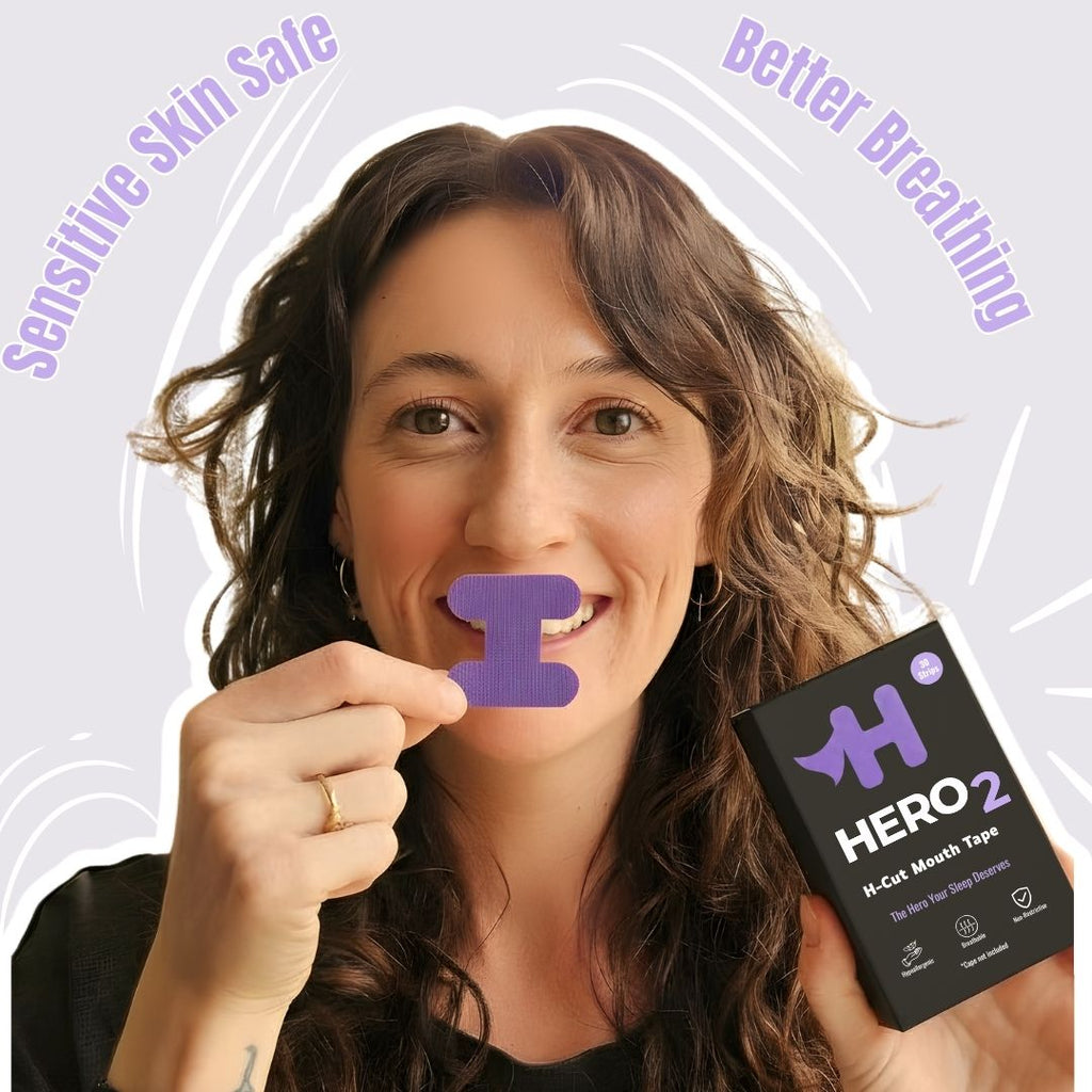 Woman holding a purpleHero2 mouth tape and its packaging with text about benefits on a light purple background.
