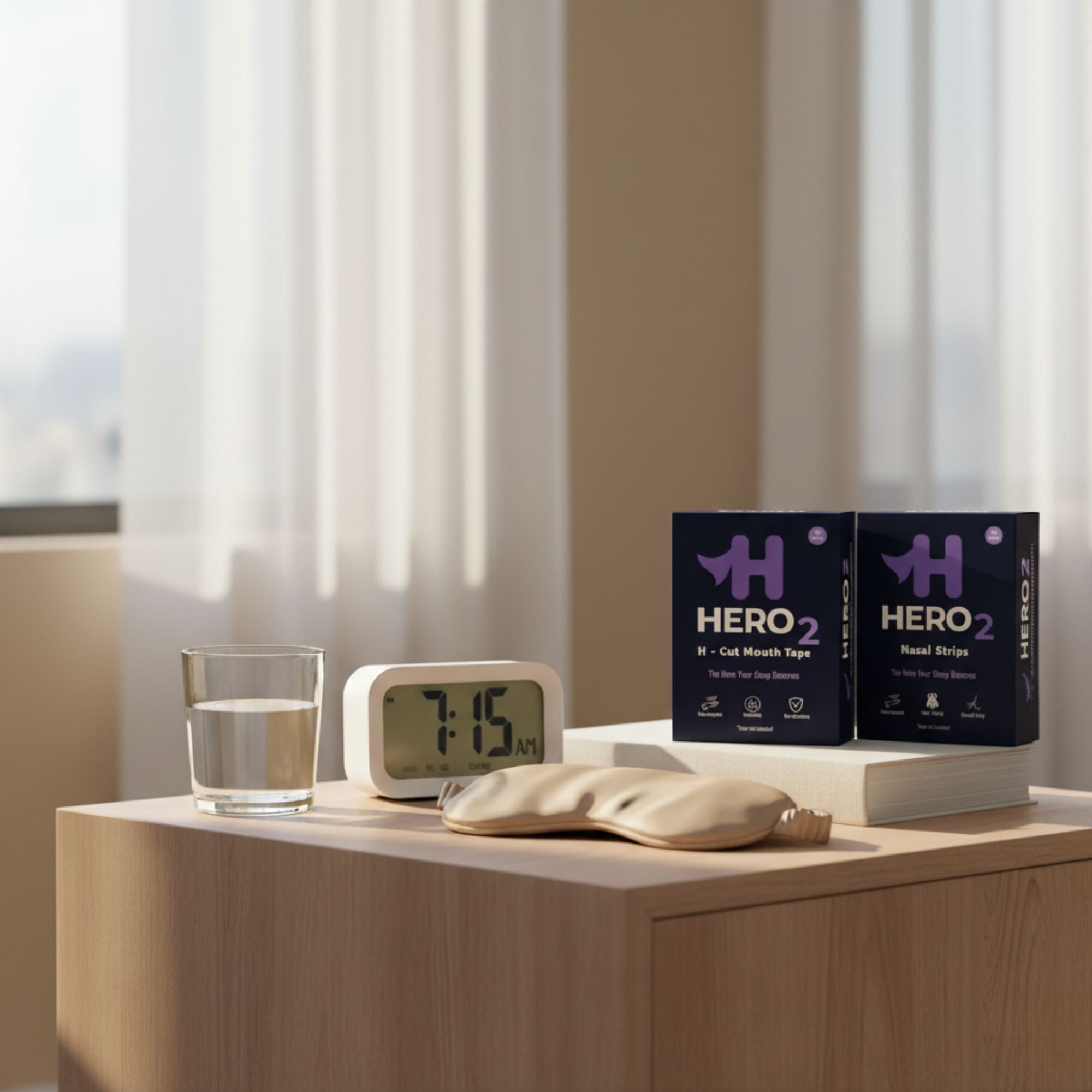 Two boxes of HERO2 products on a wooden surface with a glass of water and alarm clock in the background.