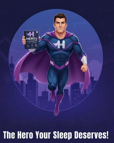 Superhero holding a device with 'HERO 2' branding against a cityscape background.