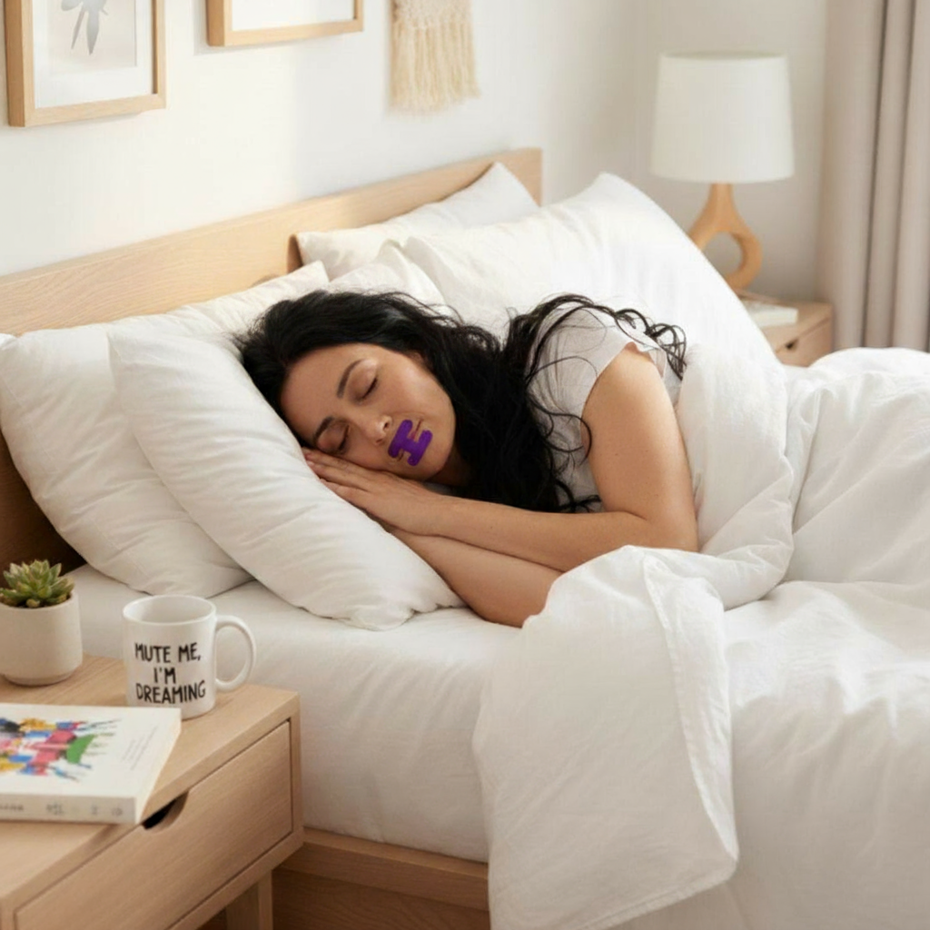 Woman sleeping in bed with a purple mark on her lip, next to a nightstand with a mug and book.