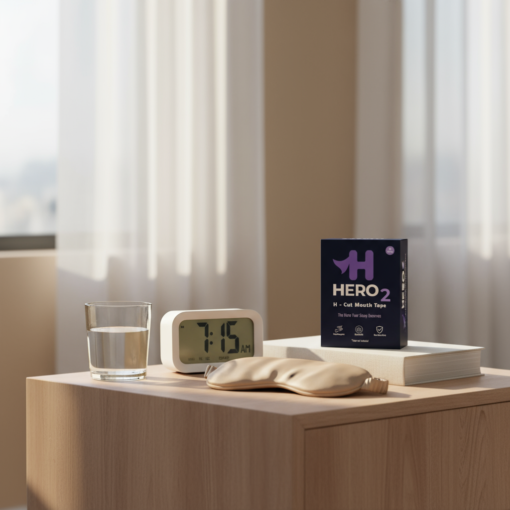 Hero 2 product packaging on a wooden surface with a glass of water, alarm clock, and book in the background.