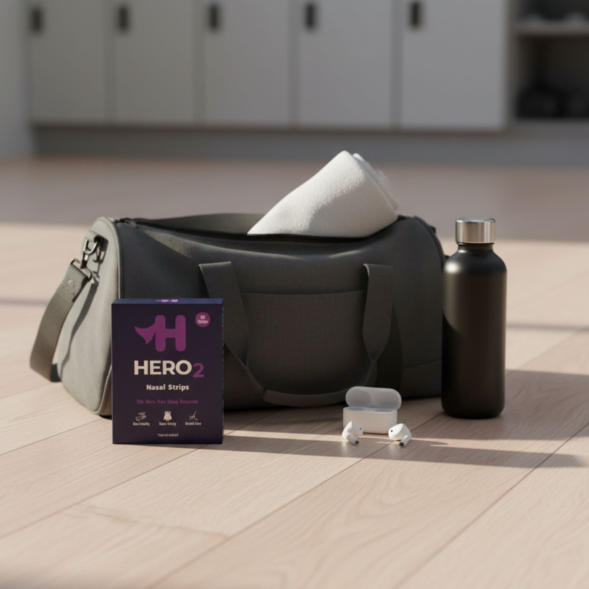 Black bag, water bottle, and 'HERO 2' product on a wooden floor.