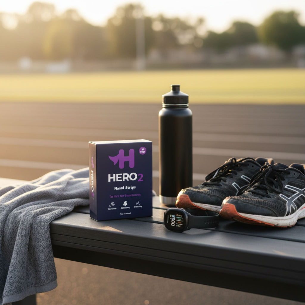 Hero 2 nasal device packaging with a water bottle and sneakers on a bench outdoors.