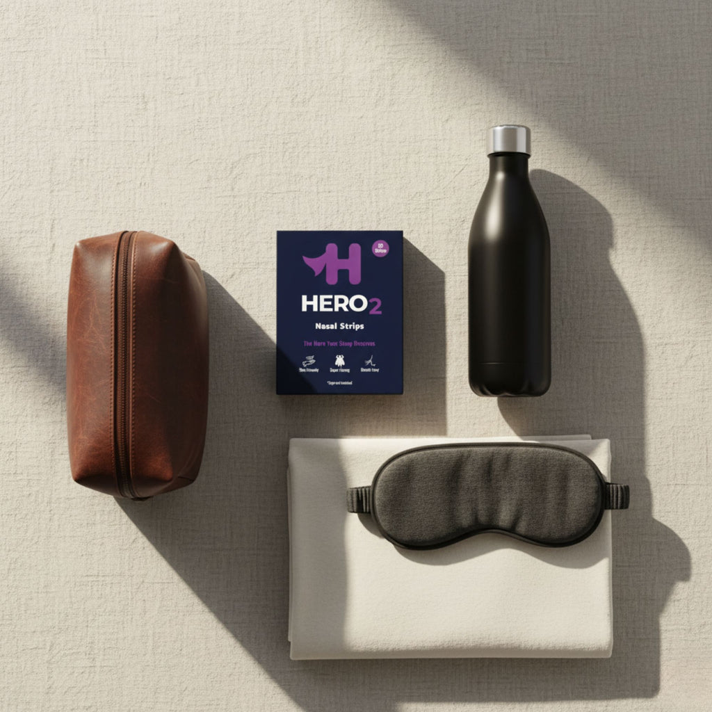 Collection of travel items including a brown pouch, black water bottle, sleep mask, and 'Hero 2' box on a textured surface.