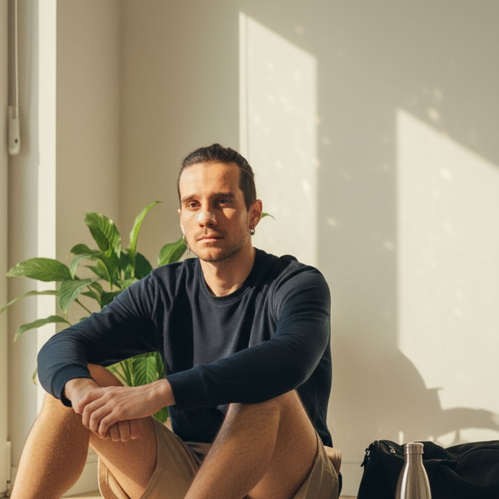 Man sitting indoors with a plant and sunlight casting shadows on the wall, nose strip NZ, airflow improved